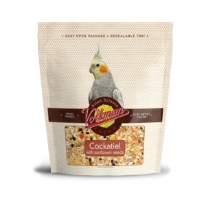 A bag of bird food with a parrot on it.