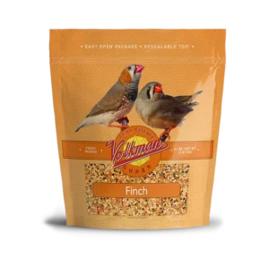 A bag of bird seed with two birds on it.