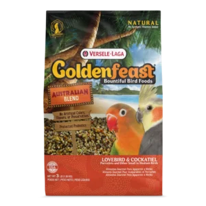 A bag of bird food with a picture of a parrot on it.