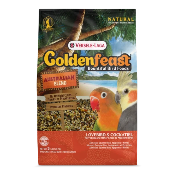 A bag of bird food with a picture of a parrot on it.