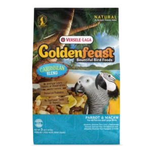 A bag of bird food with a parrot and chicken in it.