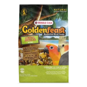 A bag of bird food with a parrot on it.