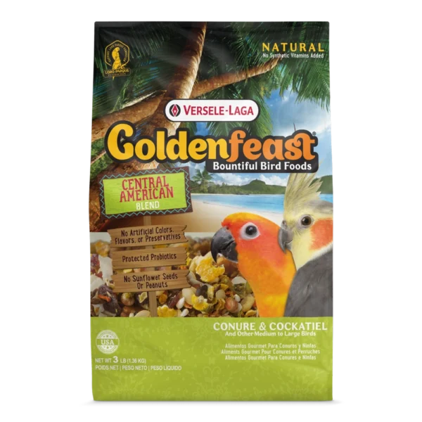 A bag of bird food with a parrot on it.