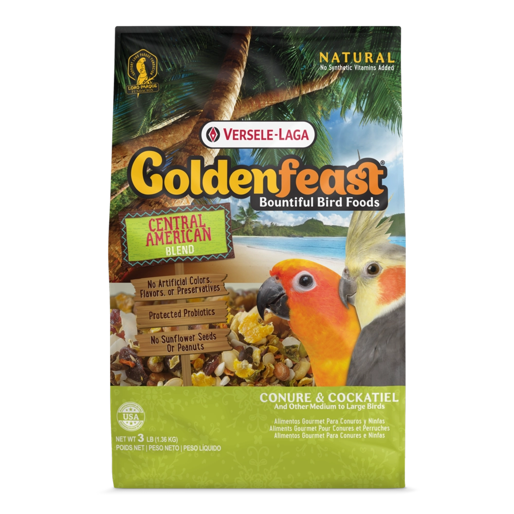 A bag of bird food with a parrot on it.