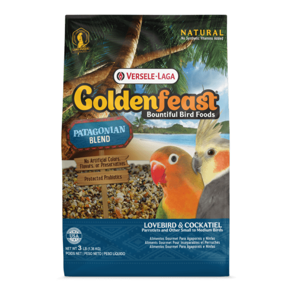 A bag of bird food with a parrot on it.