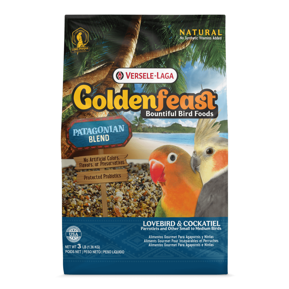 A bag of bird food with a parrot on it.