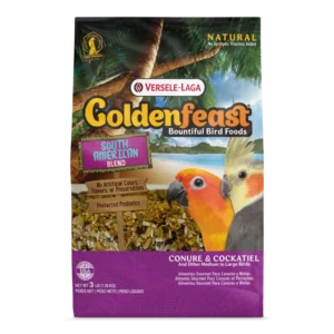 A bag of bird food with a parrot on it.