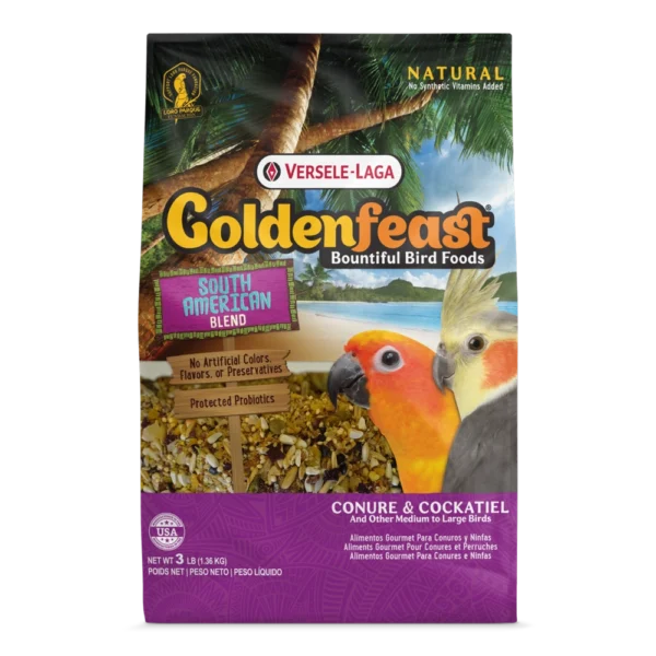 A bag of bird food with a parrot on it.