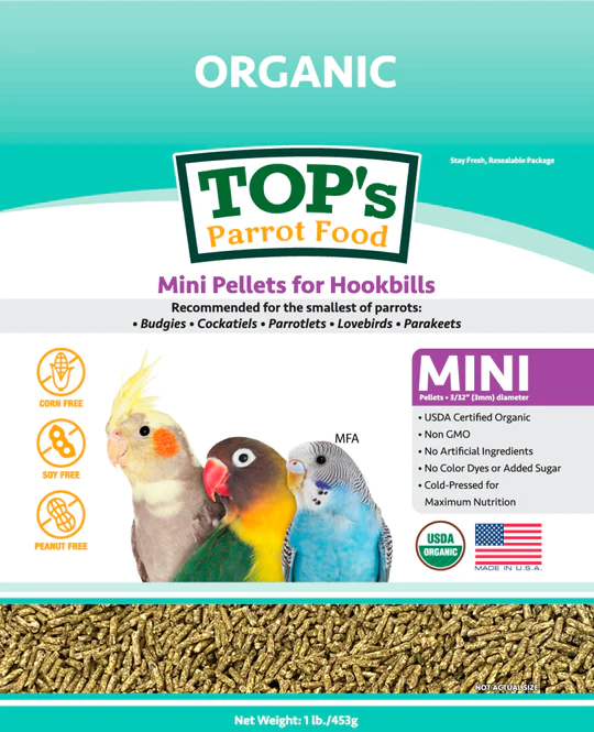 A bag of organic parrot food for birds.